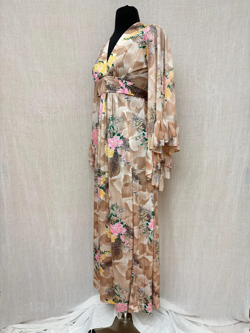 VTG 70s Angel Sleeve Boho Fairy Cottagecore Hippie Floral Print Maxi Dress XS | Etsy (Global)