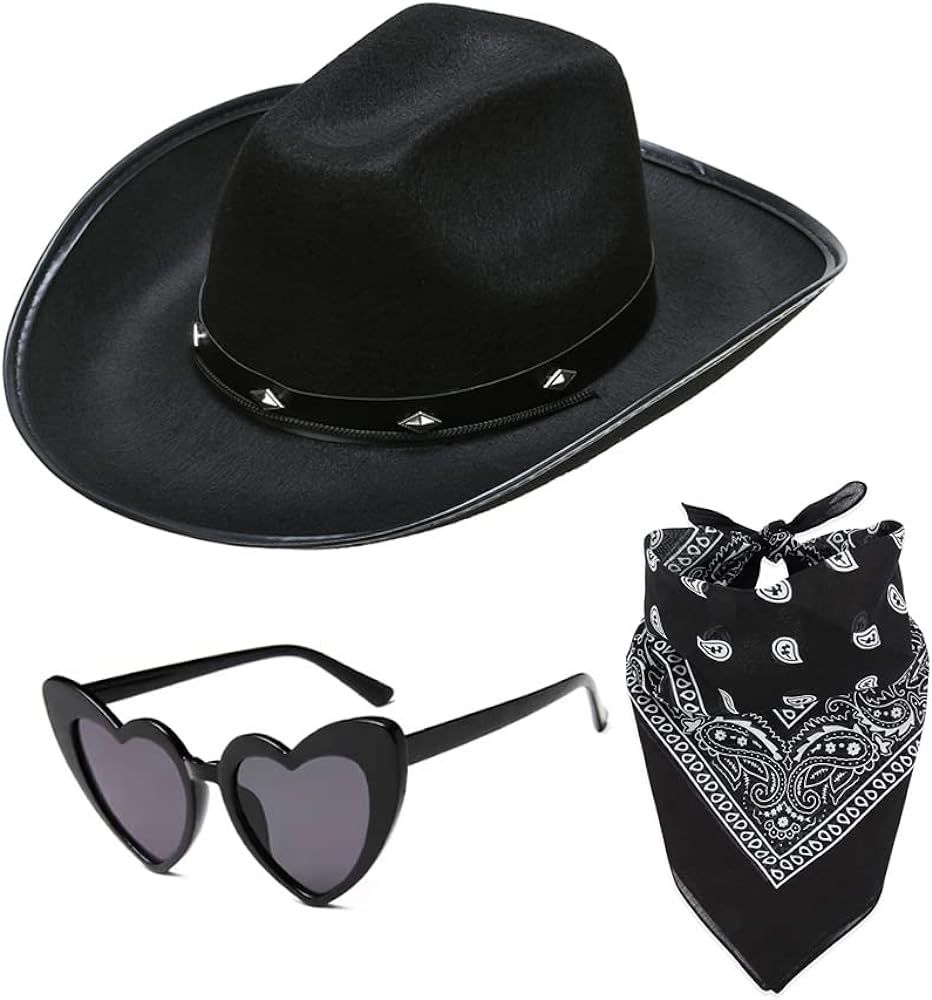 Black Cowgirl Hat with Heart Glasses & Bandana - Western Cowboy Hats Nashville Bachelorette Party... | Amazon (US)