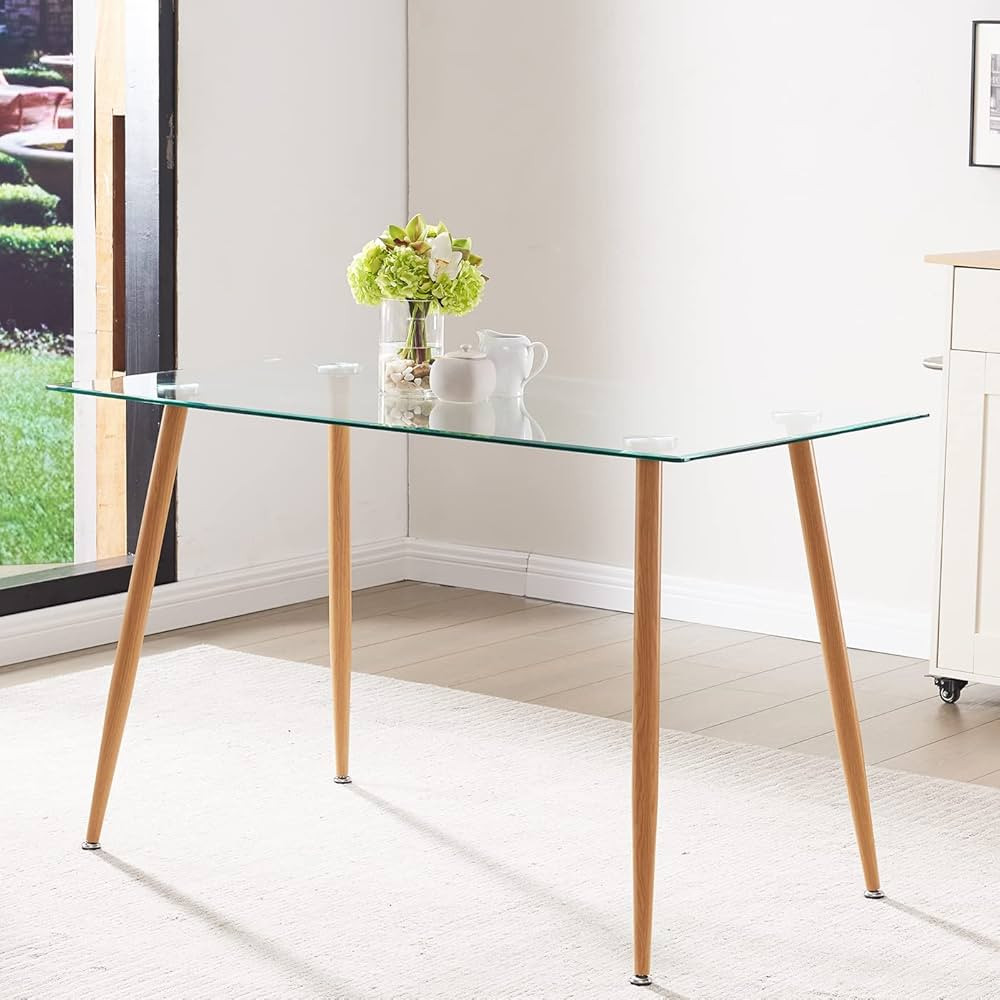 Glass Dining Table - 47" Rectangle Glass Top Dining Room Table, Modern Clear Kitchen Table with W... | Amazon (US)