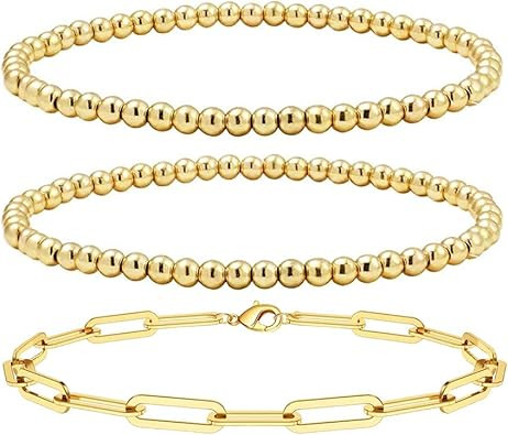 Reoxvo - Juego de pulseras de cadena y cuentas de oro para mujer, chapadas en oro real de 14 quil... | Amazon (US)