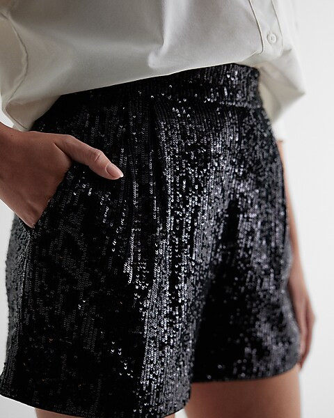 Super High Waisted Sequin Pleated Shorts | Express