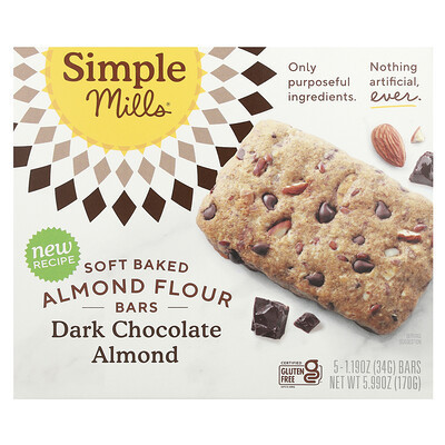 Simple Mills, Soft Baked Almond Flour Bars, Dark Chocolate Almond, 5 Bars, 1.19 oz (34 g) Each | iHerb