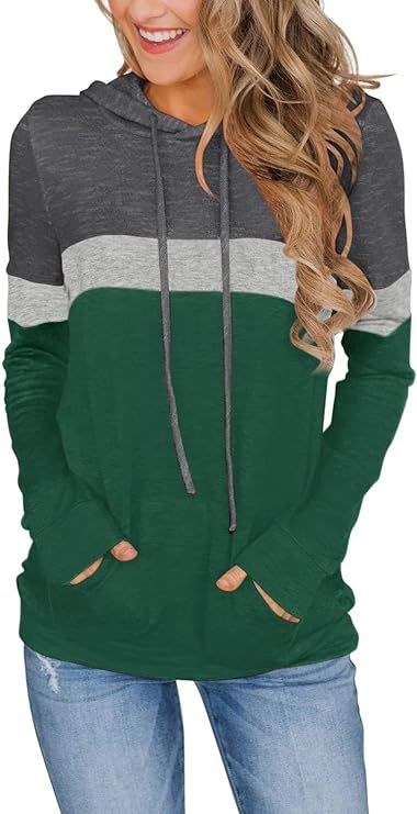 PINKMSTYLE Women's Casual Color Block Hoodies Tops Long Sleeve Drawstring Pullover Sweatshirts wi... | Amazon (US)