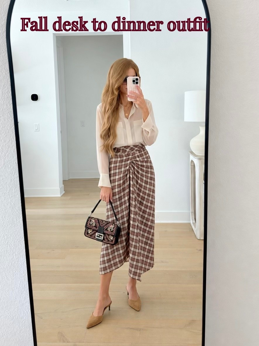 Fall work to drinks outfit love this plaid skirt and sheer top! Both under $100

#LTKootd #LTKOver40 #LTKWorkwear