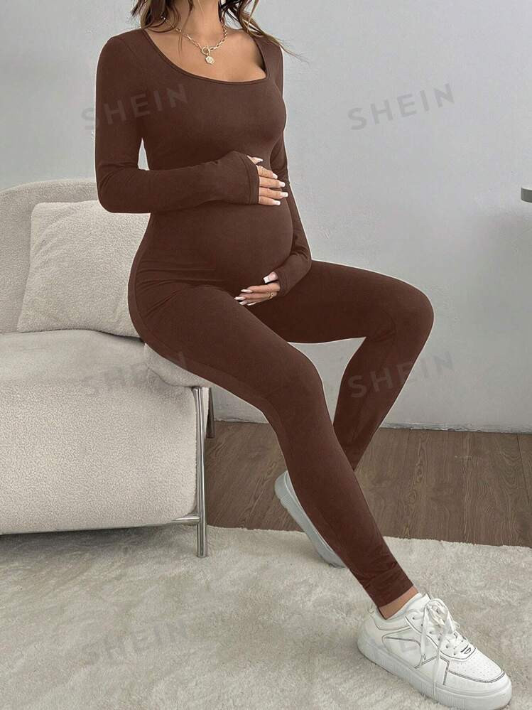 TendenciasSHEIN Mono de una sola tonalidad de manga larga de maternidad, casual y ajustado, para ... | SHEIN