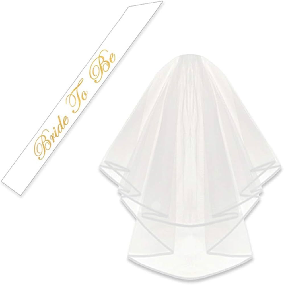 White Double Ribbon Edge Center Cascade Bridal Wedding Veil with Comb and Bride To Be Satin Sash ... | Amazon (US)
