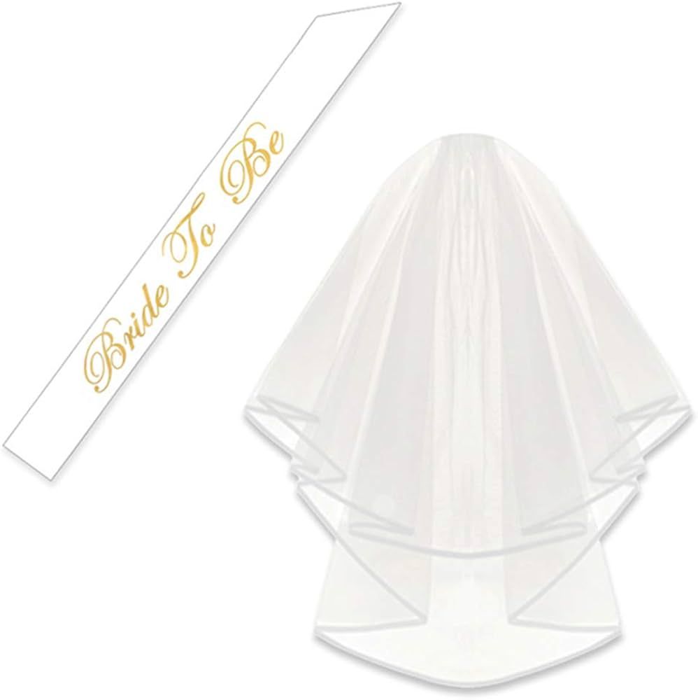 White Double Ribbon Edge Center Cascade Bridal Wedding Veil with Comb and Bride To Be Satin Sash ... | Amazon (US)