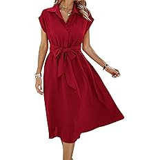 ECOWISH Womens Casual Midi Dresses Solid V Neck Short Sleeve Button Shirt Belted Dress with Pocke... | Amazon (US)