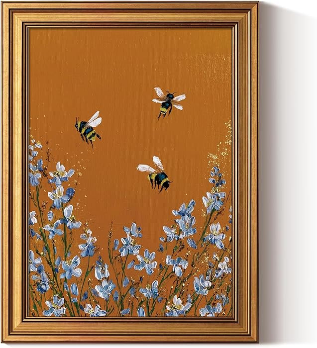 ARPEOTCY Gold Framed Canvas Wall Art, 12x16 Inch Vintage Bee and Blue Wildflower Painting, Retro ... | Amazon (US)