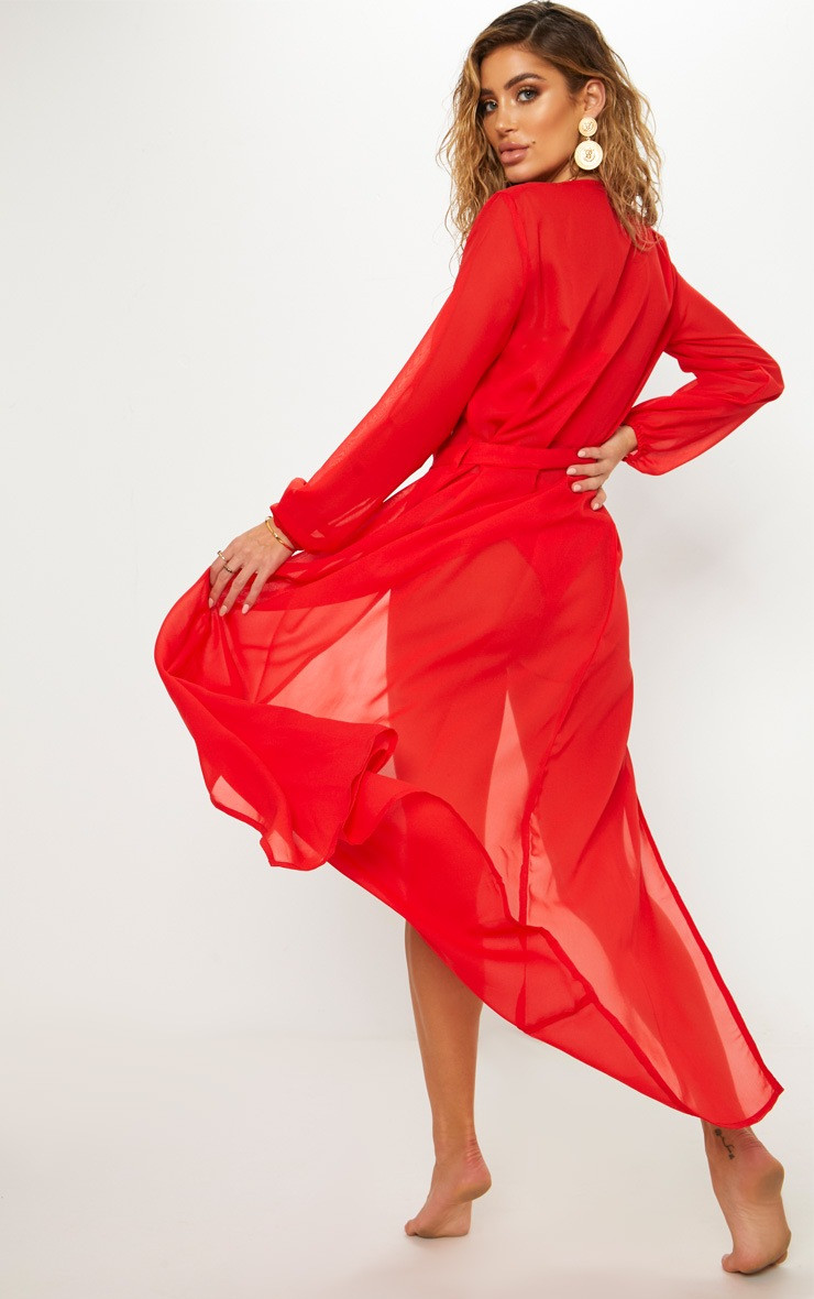 Red Maxi Belted Beach Kimono | PrettyLittleThing US