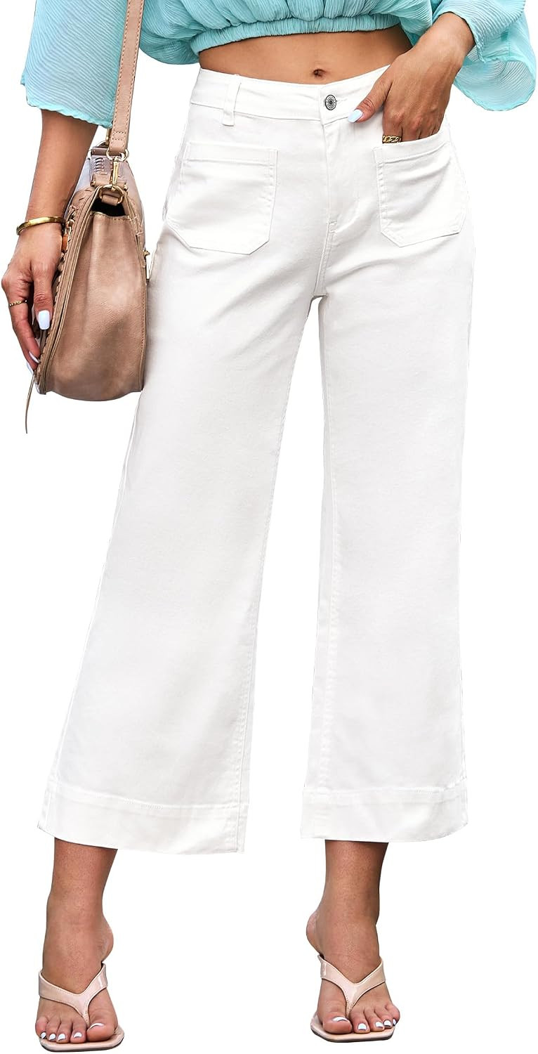 luvamia Wide Leg Jeans for Women Trendy High Waisted Flare Jeans Cropped Denim Pants Stretchy Baggy with Patch Pockets Womens Jeans Stretchy Womens Jeans Size 8 White Slacks for Women Size 10 | Amazon (US)