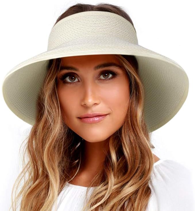 FURTALK Sun Visor Hats for Women Wide Brim Straw Roll Up Ponytail Summer Beach Hat UV UPF 50 Pack... | Amazon (US)
