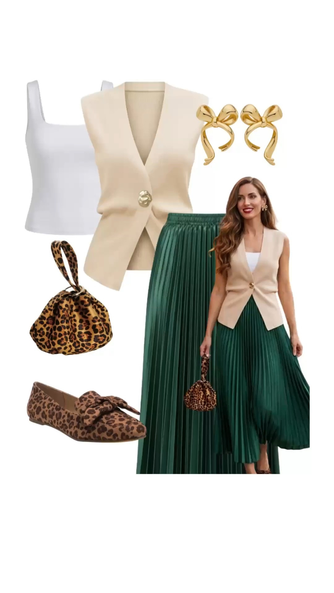 Recreating one of your absolute favorite style moments, this chic and elevated outfit formula is the ultimate inspiration for effortless summer dressing in the USA. Perfect for brunch dates, city strolling, or upscale casual events, this look beautifully pairs a structured cream tailored vest over a classic white square-neck tank with a flowing, hunter green pleated maxi skirt that moves flawlessly. The true magic is in the intentional details, the texture-rich leopard print pointed-toe flats with bow accents mirror the dainty gold bow earrings, while a matching slouchy leopard pouch bag adds just the right amount of playful pattern mixing to anchor the ensemble. This viral-worthy combination strikes the perfect balance between sophisticated tailoring and relaxed summer elegance, making it a must-have look to save, shop, and recreate all season long.

#SummerOutfit #LTKunder100 #LTKseasonal #OOTD #ClassicStyle #LeopardPrint #MaxiSkirt #QuietLuxury #SummerStyle #EverydayOutfits

#LTKsummer #LTKstyletip