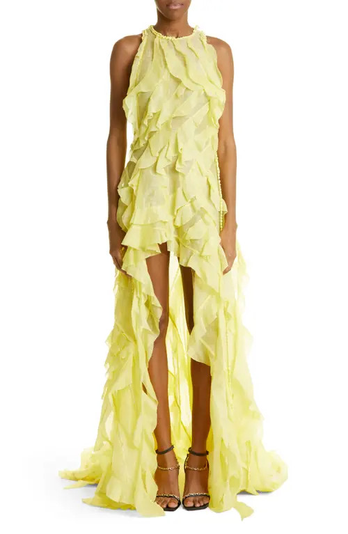 Zimmermann Wonderland Waterfall Ruffle High-Low Linen & Silk Gown in Lemon at Nordstrom, Size 3 | Nordstrom