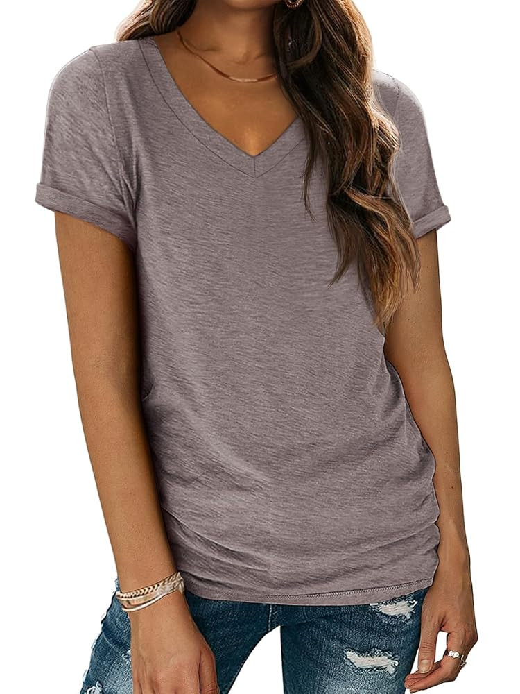 ATHMILE T Shirts Short Sleeve V Neck Tees for Women Fashion Tops Trendy Lightweight Casual Summer... | Amazon (US)