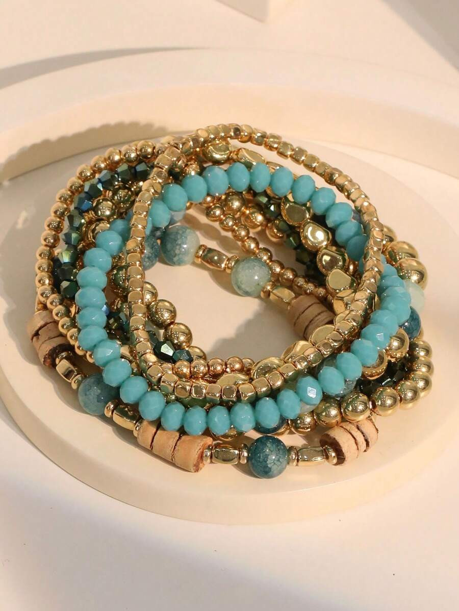 9pcs Boho Beaded Colorful Blue Bracelets Set For Women, Suitable For Vacation, Beach And Daily We... | SHEIN