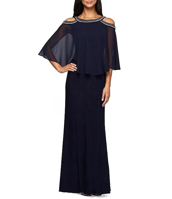 3/4 Cold Shoulder Sleeve Bead Trim Round Neck Stretch Capelet Popover Gown | Dillard's