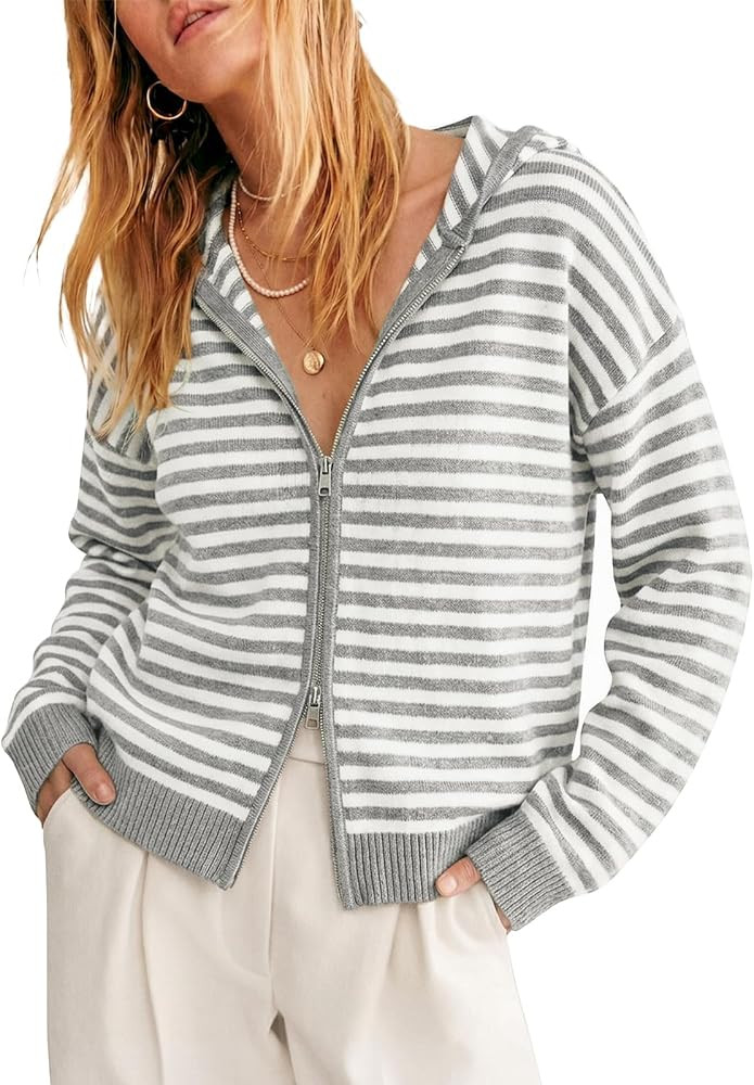 Cicy Bell Womens Striped Hooded Cardigan Zip Up Knit Long Sleeve Sweaters | Amazon (US)