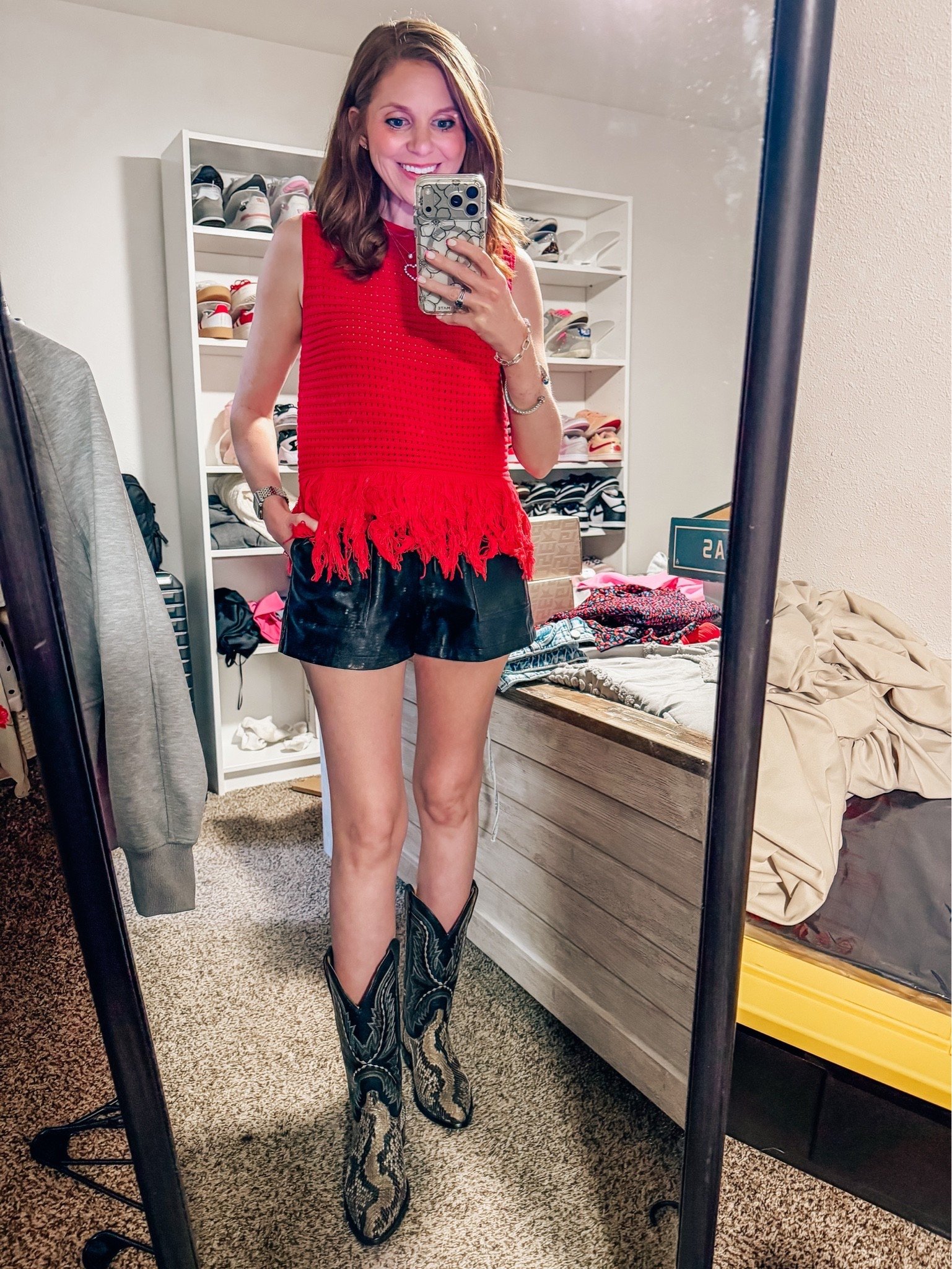 Small fringe top runs loose and small faux leather shorts runs slightly small

#LTKootd #LTKgrwm #LTKdayinmylife