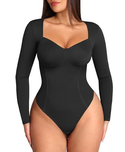 FeelinGirl Long Sleeve Shapewear for Plus Size Women Tummy Control Shapewear Bodysuit Sweetheart Neckline Thong Body Shaper Black XXL | Amazon (US)