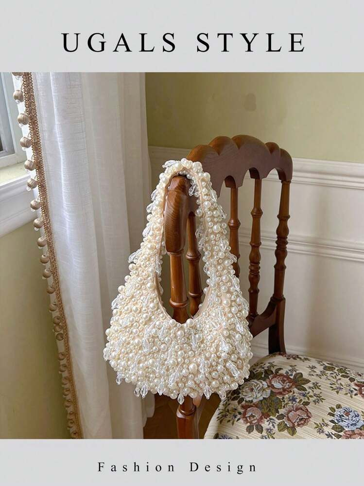 Valentine's Day Oval Shaped Fabric Crochet Flower Bag Women's Evening Clutches Bags Bridal Wedding Purse Party Prom Hand Woven Beaded Faux Pearl Half Moon Handbag ﻿ | SHEIN