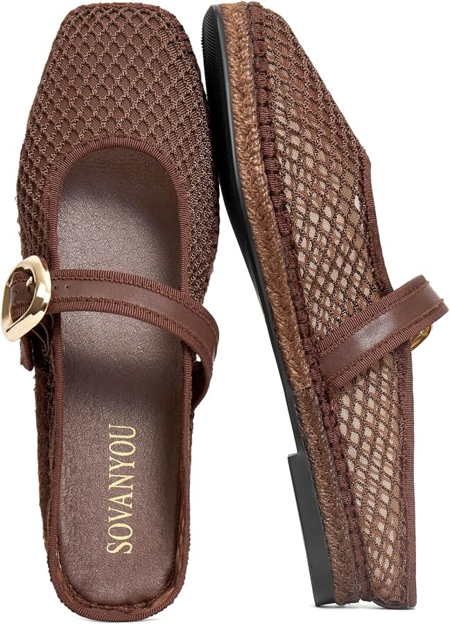 SOVANYOU Womens Mesh Flats Square Toe Espadrilles Mules Slip On Ballet Flat | Amazon (US)