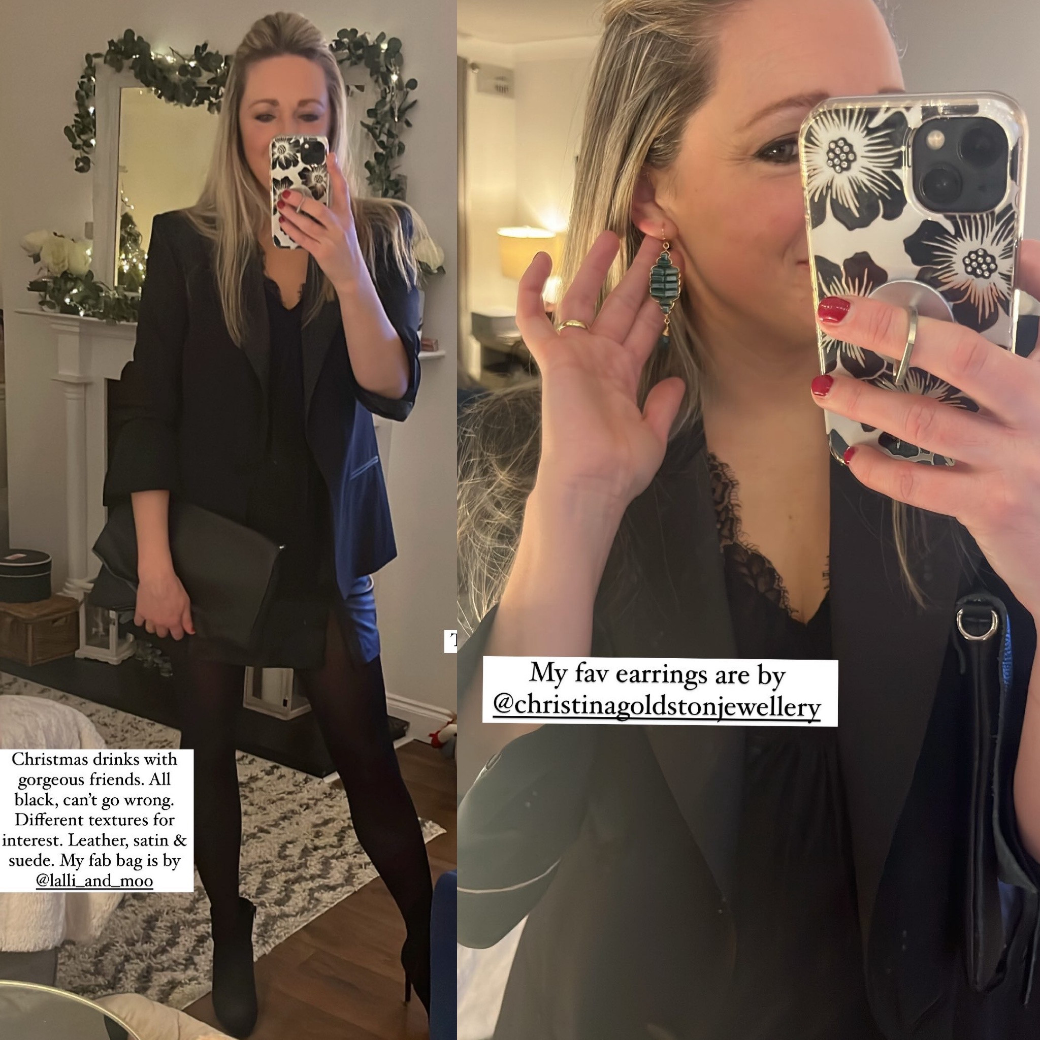 Can’t go wrong with black! Layering different textures for interest. Leather , satin and suede with a pop of Christmas green in my Christina Goldston earrings. My clutch is by Lalli and moo. 