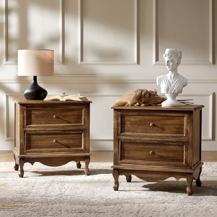 HULALA HOME Solid Wood End Table Set of 2 with Charging Station, Vintage End Table with Wood Legs... | Amazon (US)
