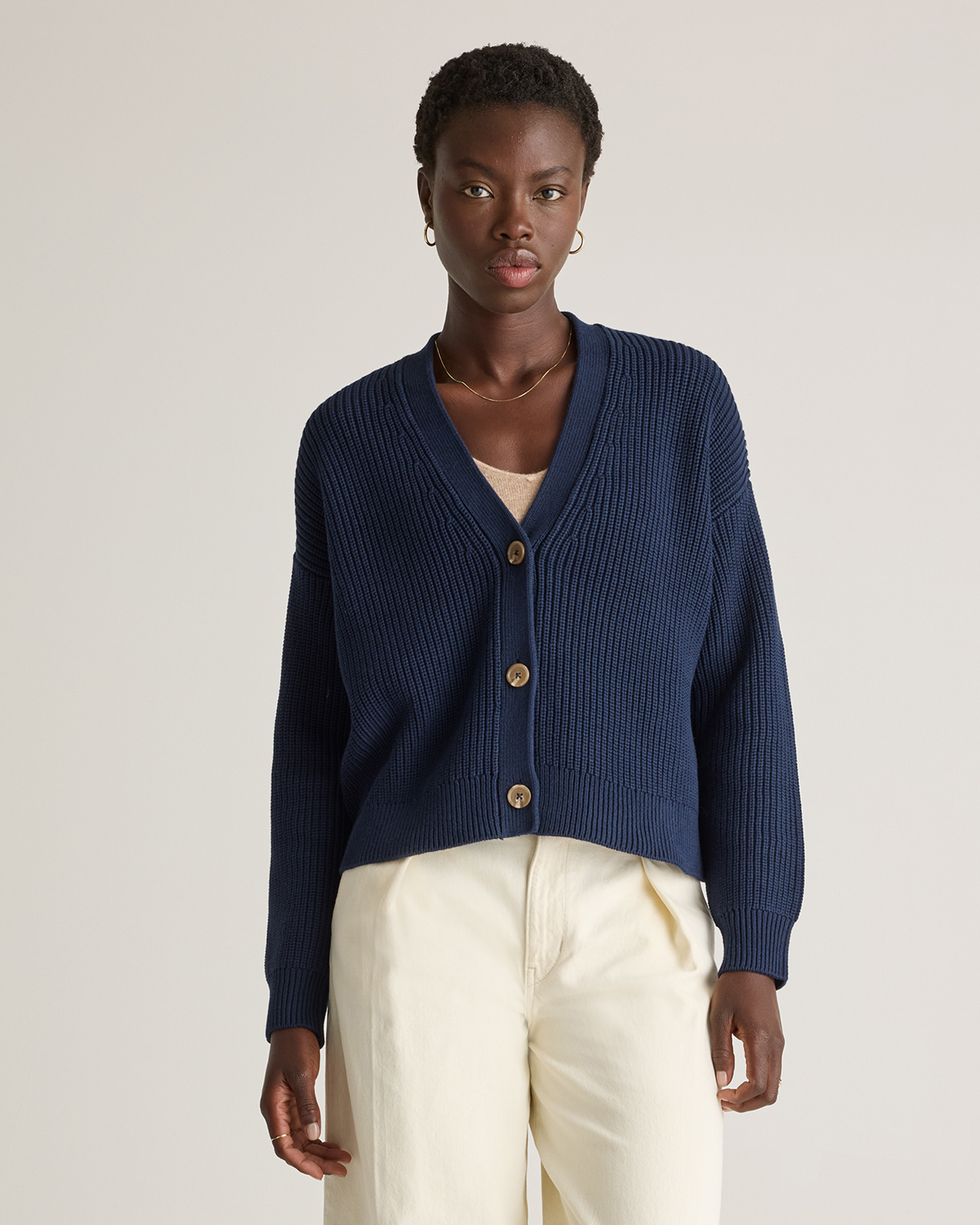 Quince | Women's Fisherman Boxy Cropped Cardigan Sweater in Navy, Size XL, Organic Cotton | Quince