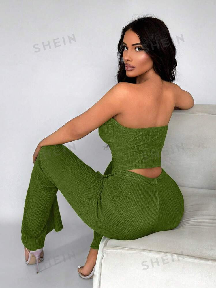 SHEIN SXY Conjunto Feminino De Duas Peças Top Tubo Com Textura De Cor Sólida E Calças Boca De ... | SHEIN