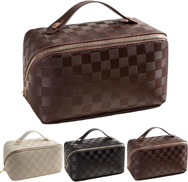 Large Capacity Checkered Makeup Bags Portable Travel Cosmetic Bags Open-Flat Toiletry Waterproof ... | Amazon (US)