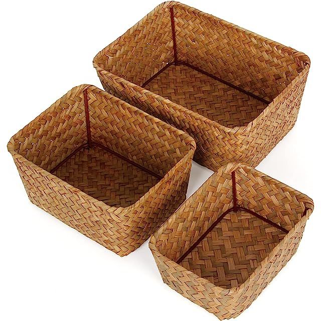 Natural Rattan Storage Baskets, Rectangular Woven Fruit Baskets, Wicker Decoration and Organizer ... | Amazon (US)