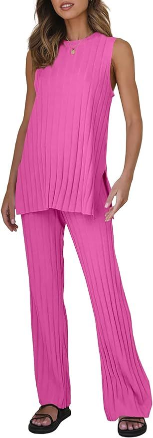 Tankaneo Two Pieces Outfits Sleeveless Top Knit Sets Trendy Lounge Long Pajamas Set | Amazon (US)