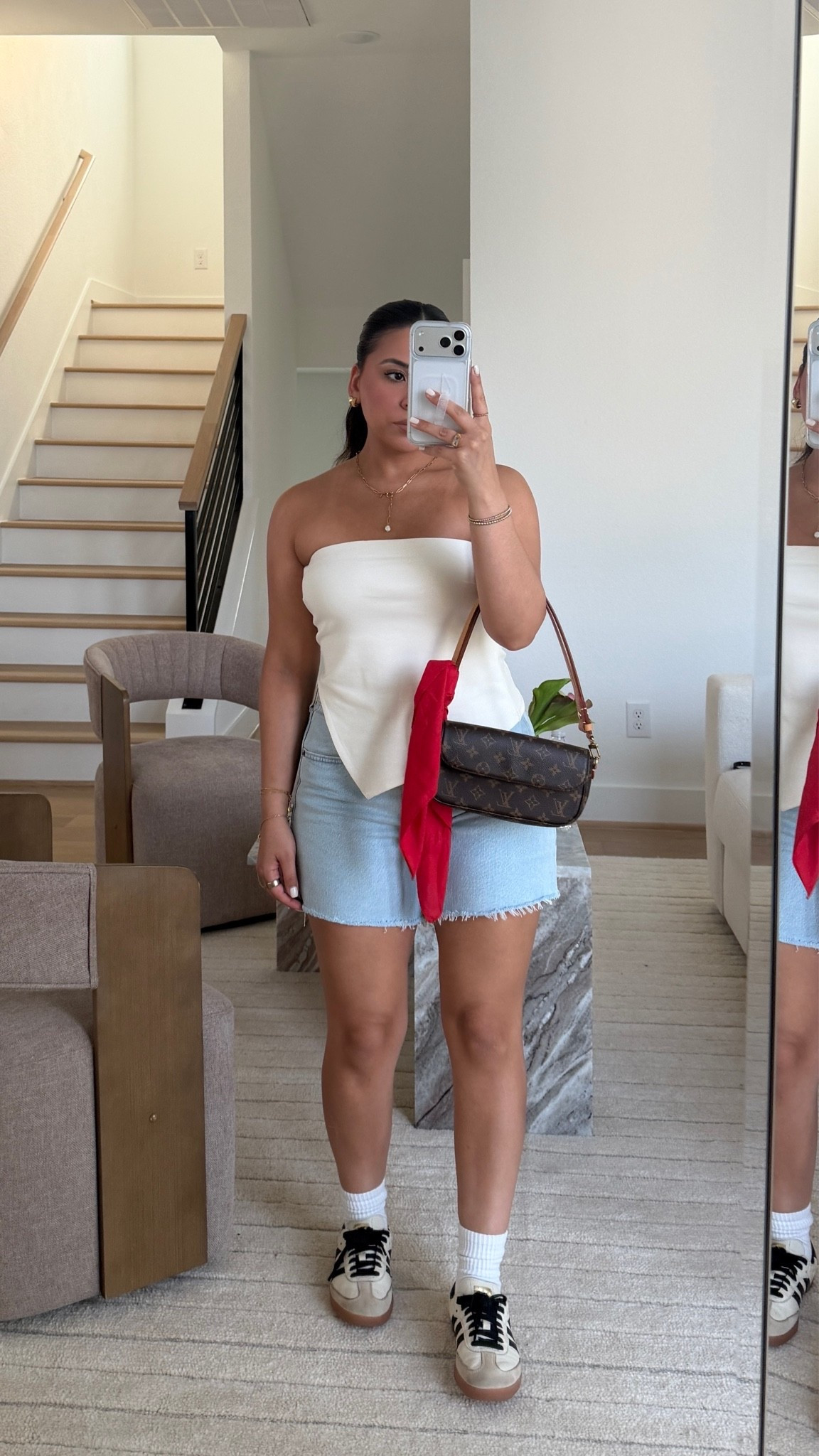 Soccer outfit idea 
Strapless top: small
Shorts: 27 
Sneakers: 4.5 men 
Small bag 
Red bandana 
Ankle socks

#LTKdayinmylife #LTKgrwm #LTKootd