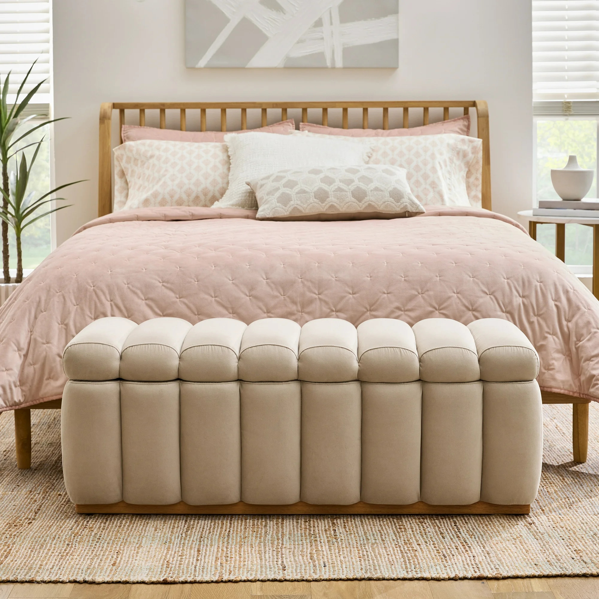 Better Homes & Gardens 47.24" Lillian Channel Tufted Bench, Beige Velvet | Walmart (US)