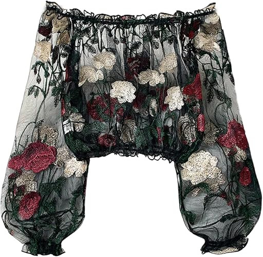 WDIRARA Women's Floral Embroidered Off The Shoulder Tops Mesh Sheer Bishop Sleeve Blouse Boho Cro... | Amazon (US)