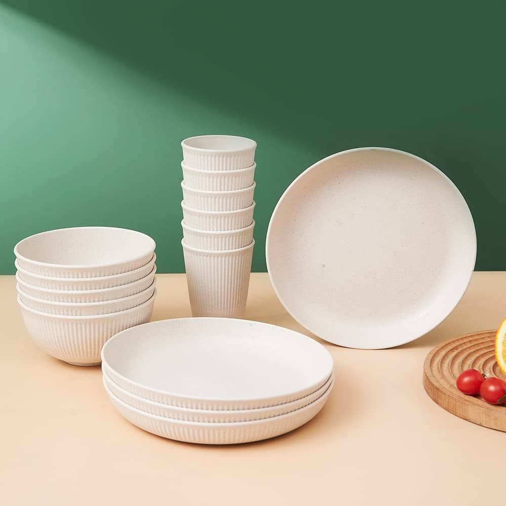 18pcs Wheat Straw Dinnerware Sets HXYPN Unbreakable Reusable Dinnerware Set Kitchen Cups Plates a... | Amazon (US)