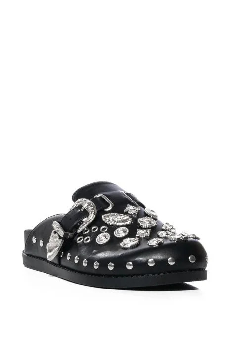 AZALEA WANG DESERT FLOWER STUDDED WESTERN FLAT CLOG IN BLACK | AKIRA