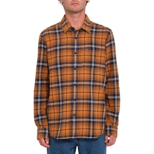 Volcom Men's Caden Plaid Long Sleeve Flannel Shirt – Classic Fit, Button-Front, Soft Brushed Cotton, Chestnut Brown, Medium | Amazon (US)