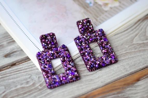 Statement Geometric Beaded Crystal Earrings Purple Violet - Etsy | Etsy (US)