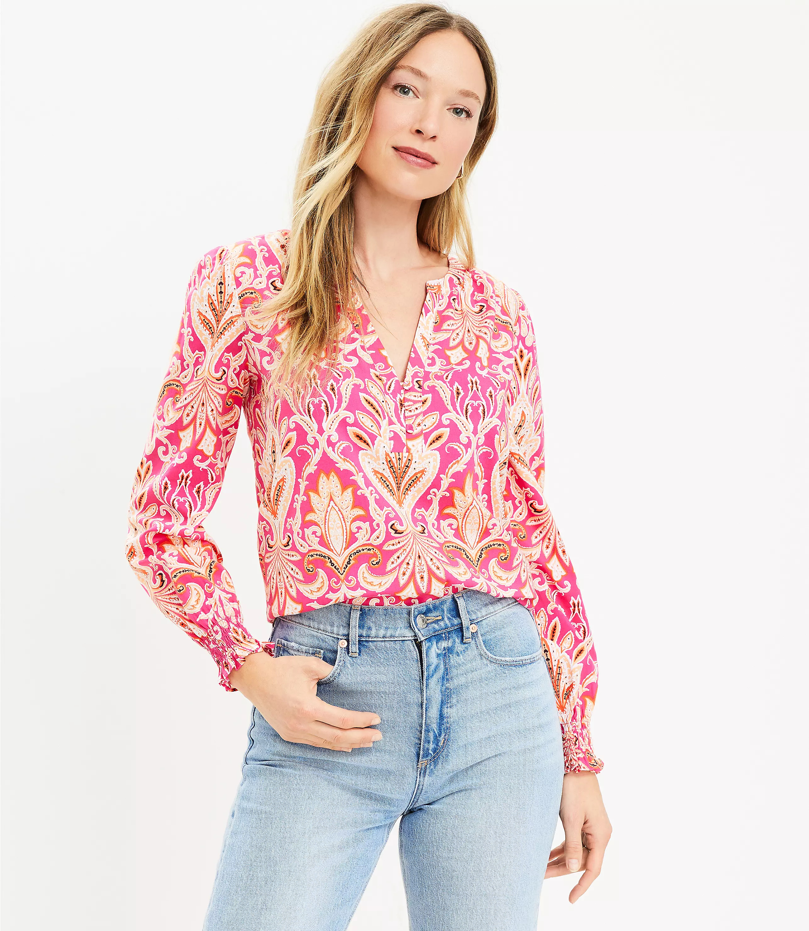 Paisley Smocked Cuff V-Neck Button Blouse | LOFT