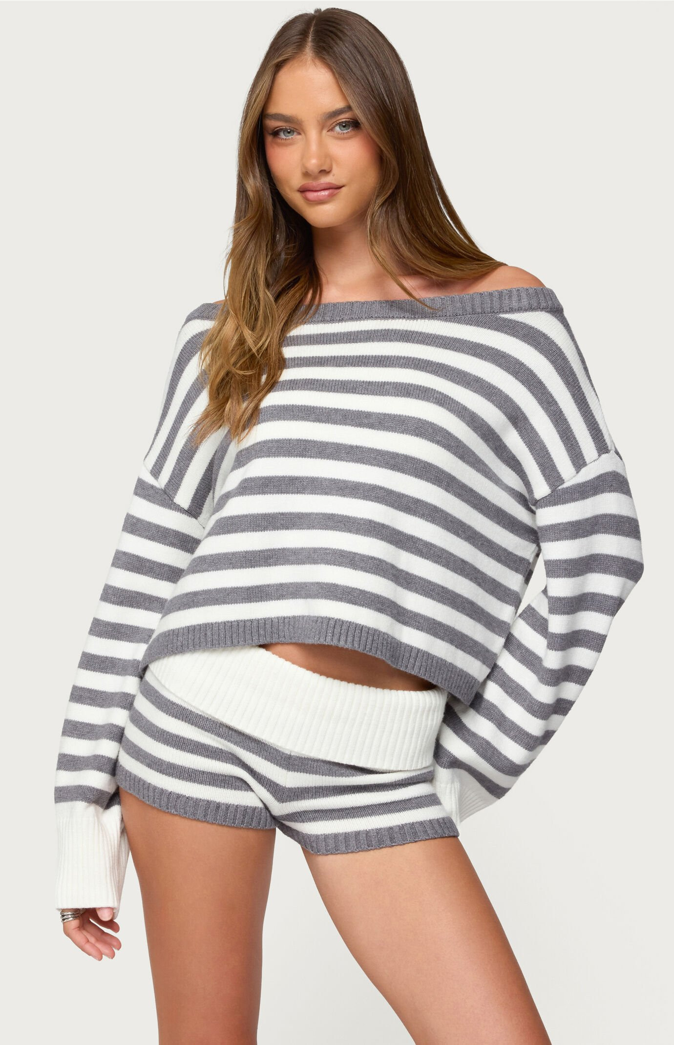 Edikted Women's Saphi Striped Oversized Knit Sweater in Gray/White - Size XL | PacSun