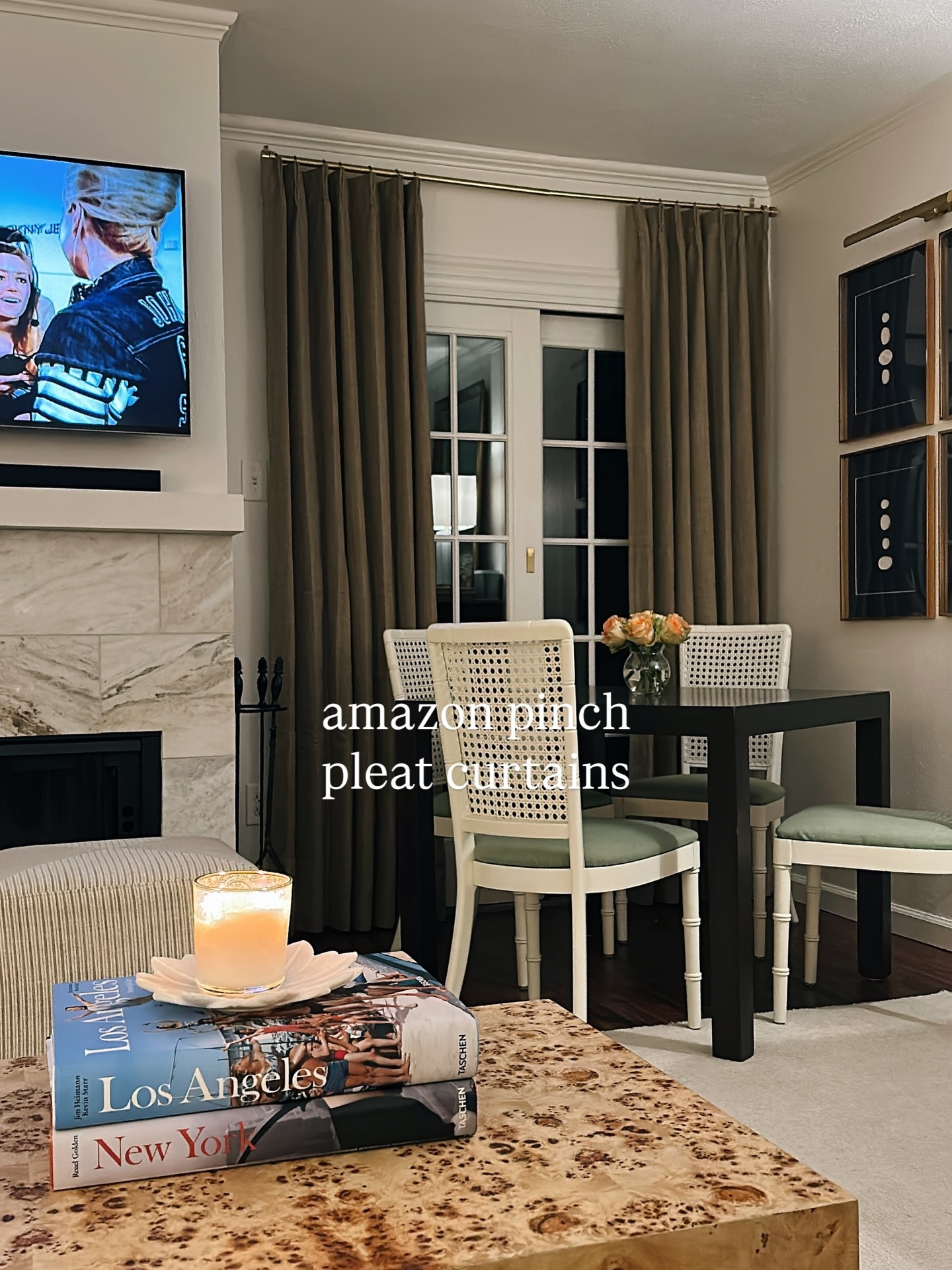 The new year has me tweaking…everything…in the condo! New couch, new pillows, powder bathroom updates coming, on the hunt for a new coffee table and also new drapes!! 

I woke up this week panicking how white this room has become and made a quick fix thanks to these $79 blackout pinch pleat guys. Comment LINK 🔗 and I’ll send you the drapes, rod, and curtain rings. #homedecor #amazonfind