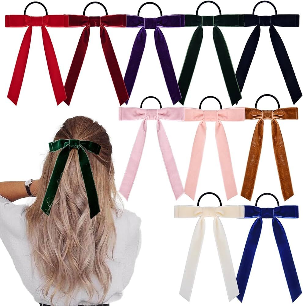 10PCS Bow Hair Tie Velvet Hair Ribbon Elastics Hair Scrunchies Long Ponytail Holder Hair Bow Band... | Amazon (US)