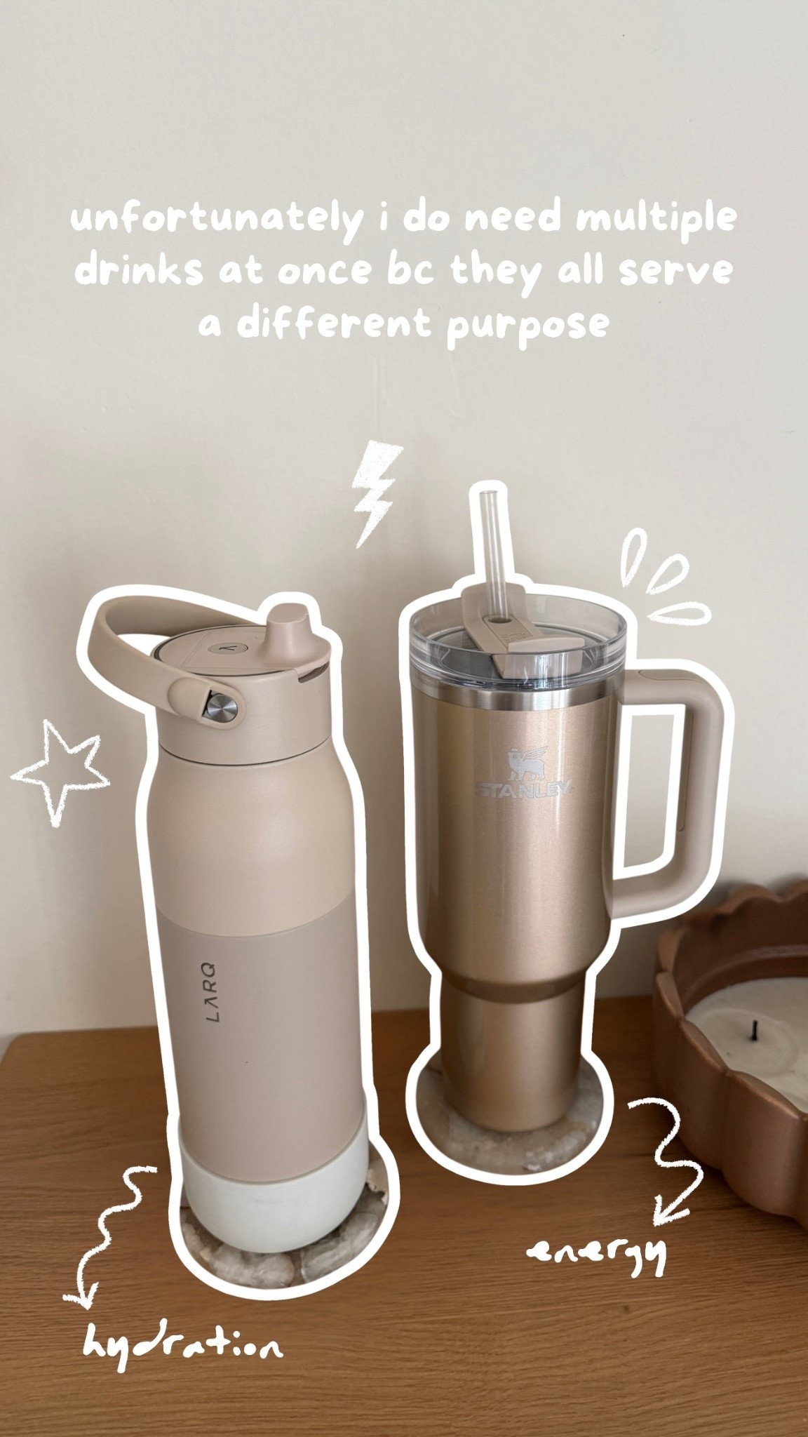 unfortunately i do need multiple drinks at once bc they all serve a different purpose 
1 for hydration, 1 for energy, and 1 for fun

#larq #waterbottle #stanleycup #stanley #tumbler #drinknectar


#LTKdayinmylife #LTKmorningroutine #LTKselfcare