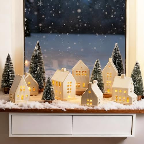 Christmas Village Set - 7 White Ceramic Houses with Remote LED Tea Lights and 8 Mini Trees, Farmh... | Amazon (US)