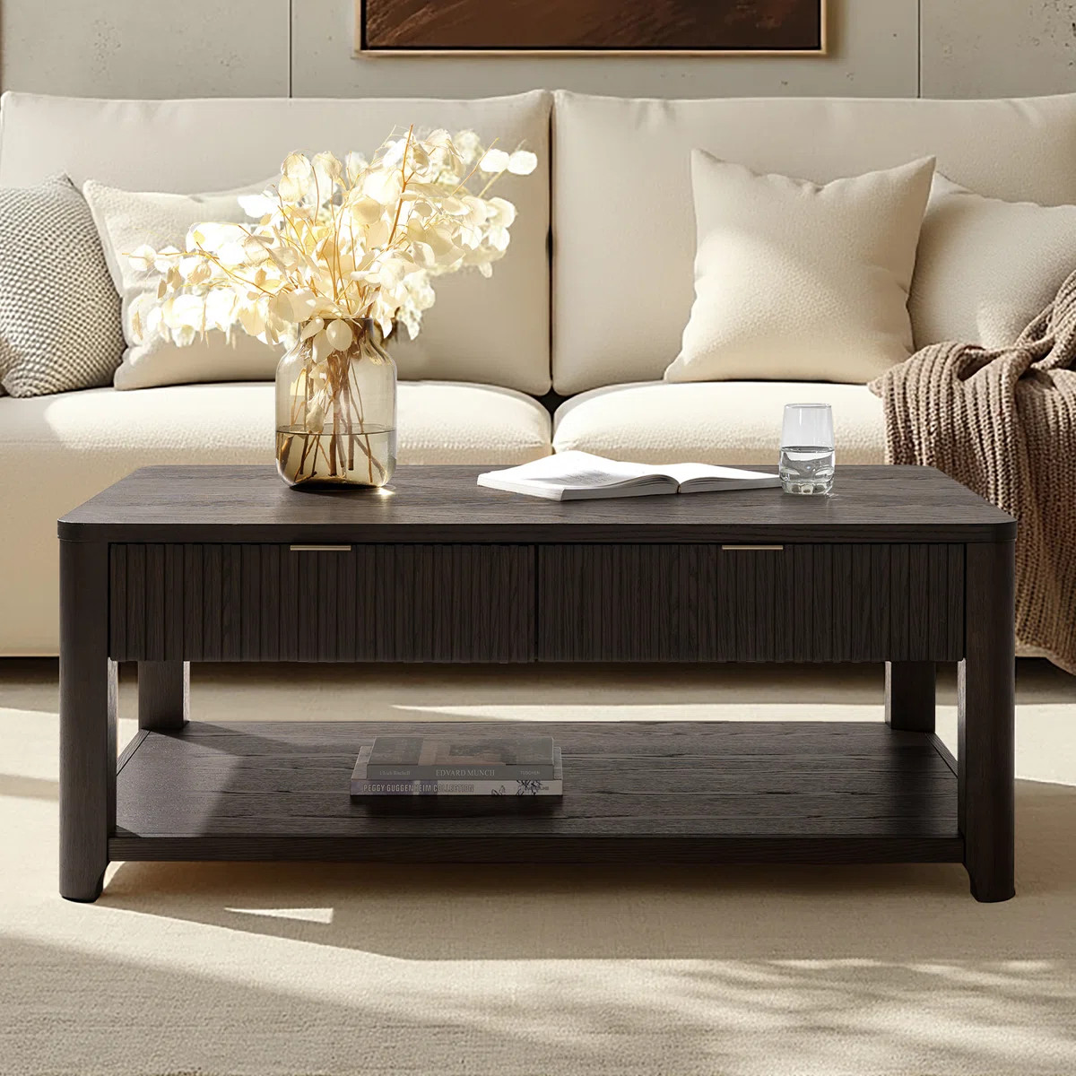 Jadida Francisco Modern 48'' W Oak Veneer Fluted Solid Wood Coffee Table with 2 Drawer | Wayfair North America