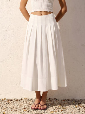 Cotton Linen Pleated Maxi Skirt | Commense