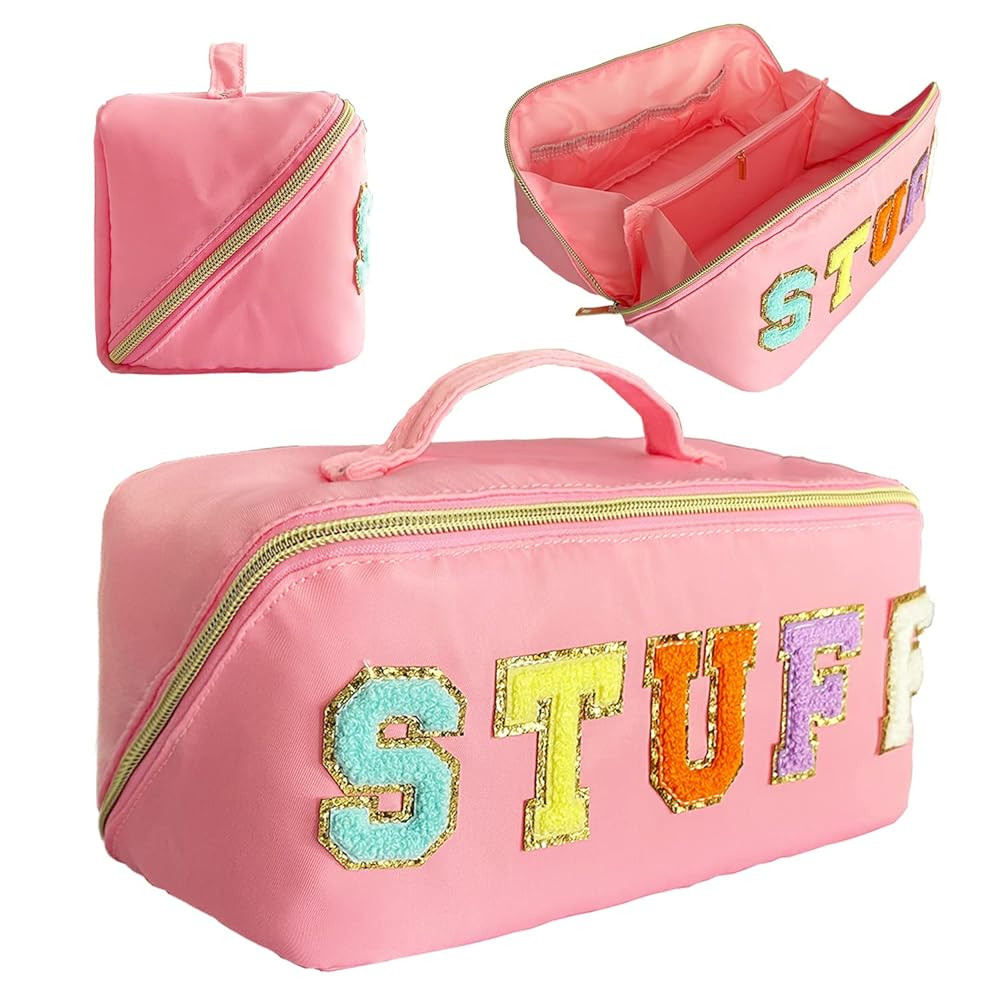 Nylon Makeup Bag Pink Chenille Letter Makeup Bag Preppy Cosmetic Bag Stoney Clover Pouch Chenille... | Amazon (US)