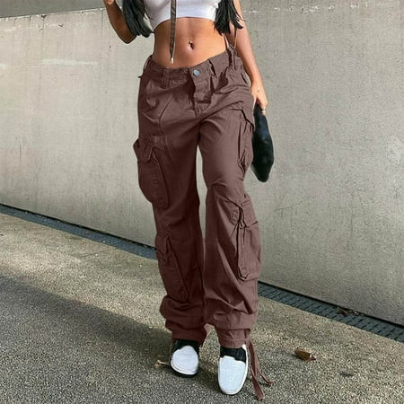 Aayomet Women Jeans Bootcut Stretch Women s High Waist Cargo Jeans Flap Pocket Wide Leg Denim Pants Coffee M | Walmart (US)